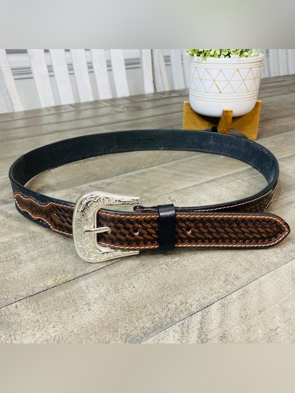 American Bison Men's Leather Western Belt Basketweave Two Tone Brown Black Sz L